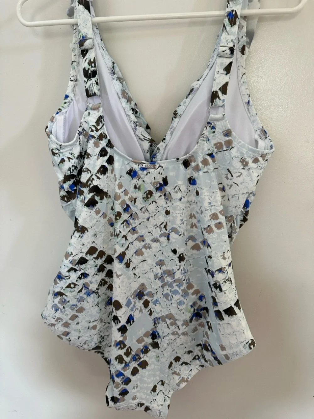 DKNY Ruffled V-Neck One-Piece Swimsuit in Light Blue, Black & Royal Blue Print - Picture 2 of 5